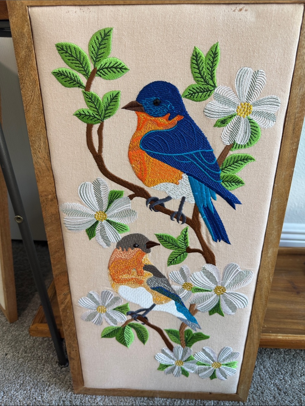 Embroidered Blue & Orange Songbird Wall Art - Framed Bird Panel